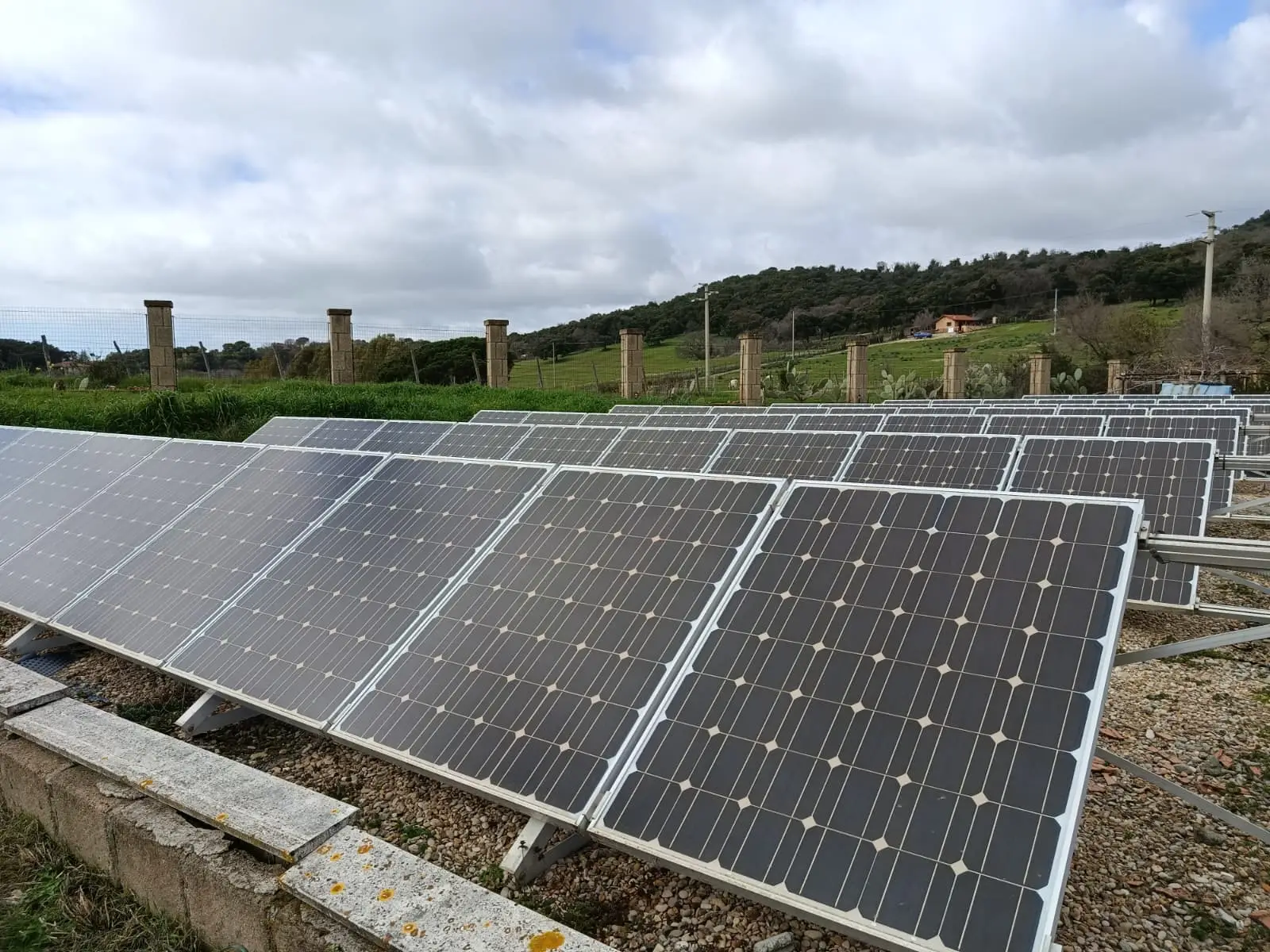 Vista ravvicinata delle stringhe del campo fotovoltaico a terra